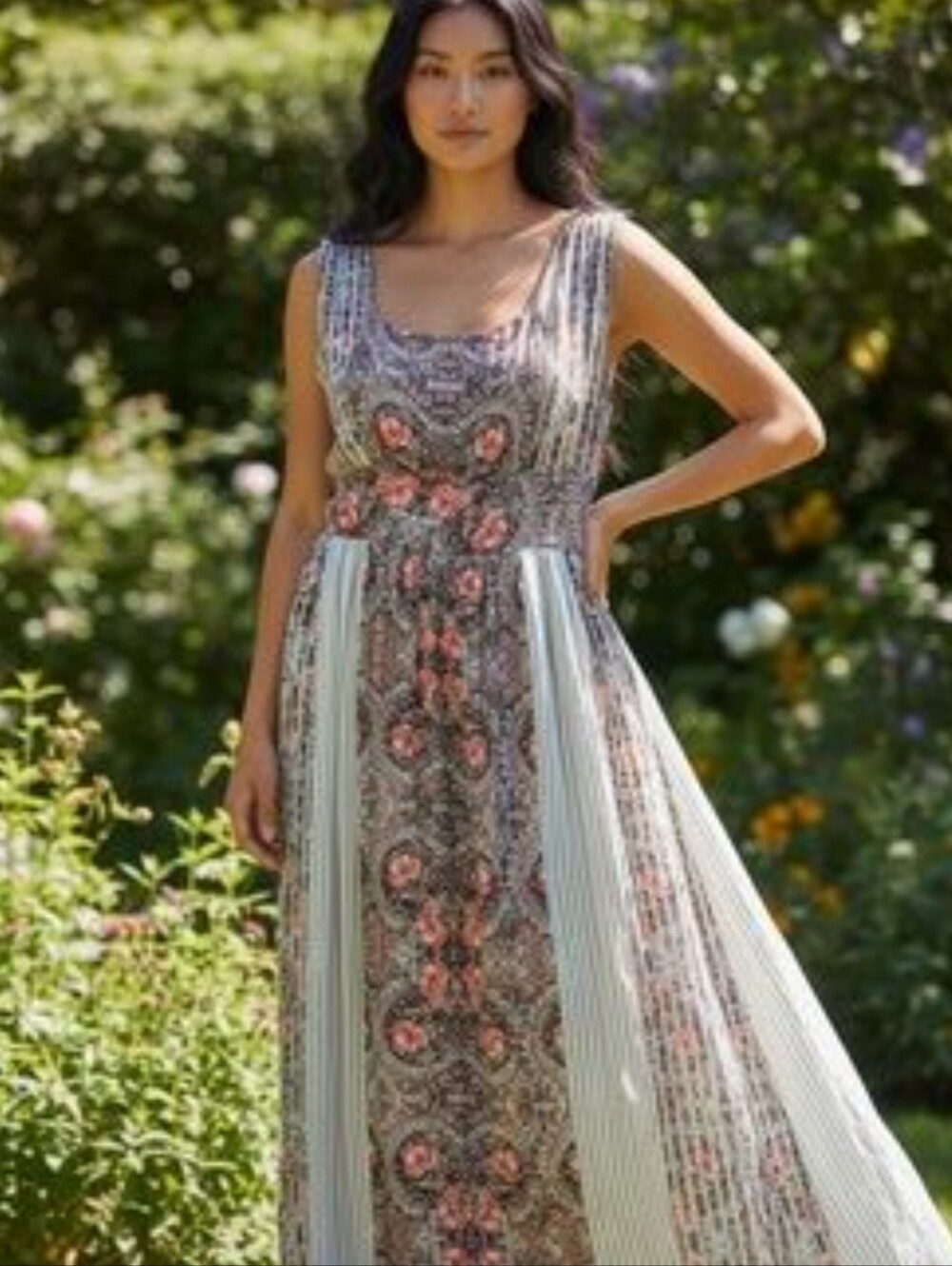 Free People Mixed Floral & Mint Panel Maxi Dress